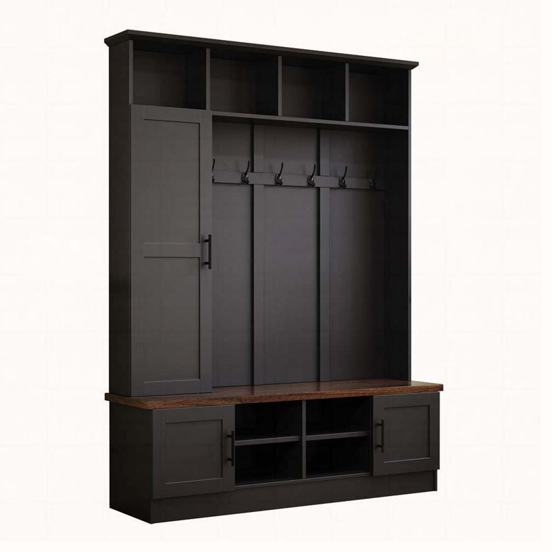 55"Wide Hall Tree with 6 Hooks, Farmhouse Walnut Storage Bench with Adjustable Shelves