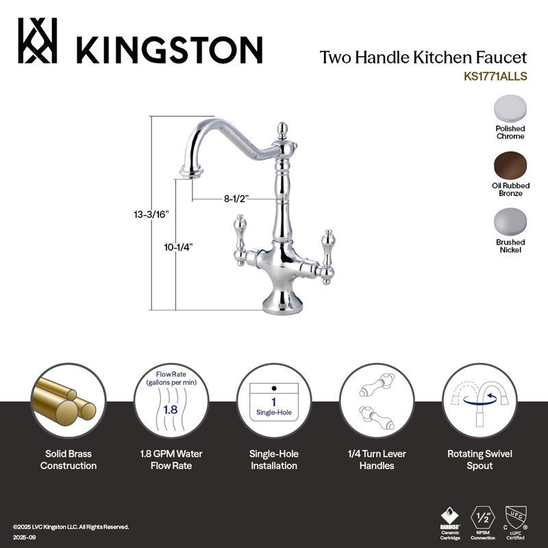 Kingston Brass Heritage Two-Handle Deck Mount Kitchen Faucet, Without Spray, Brushed Nickel
