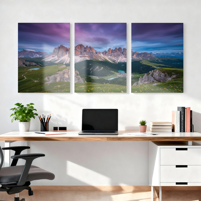 Ensemble de 3 tableaux muraux sur toile représentant un paysage de montagne, 1624