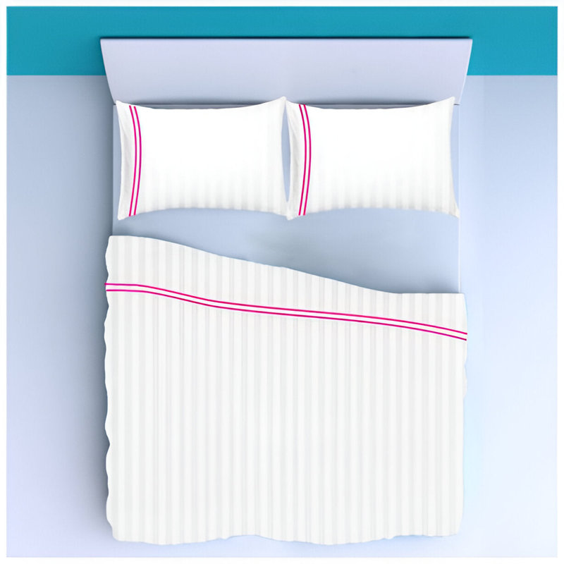 400TC Double Embroidery Sateen Stripe Cotton 4 Piece Sheet Set Fitted Sheet Fits Upto 16" Deep Pocket, Hot Pink/White