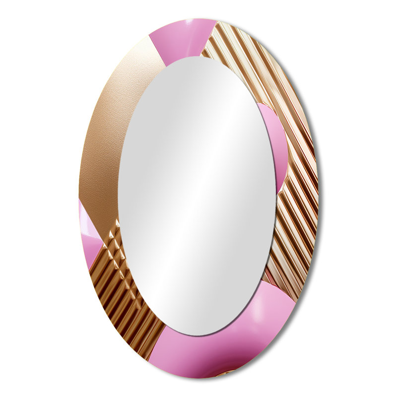 Gold and Pink Shapes in Chaos - Large Oval Wall Mirror On Metal, 36" x 24"
