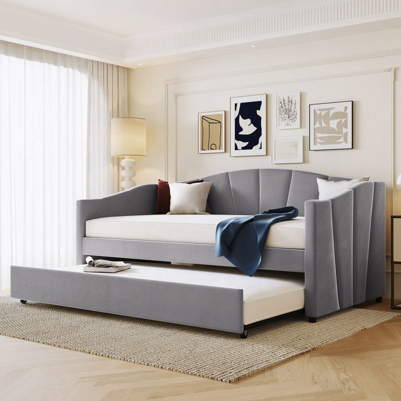 Kacy Upholstered Daybed with Trundle, Sofa Bed, Twin, Light Blue