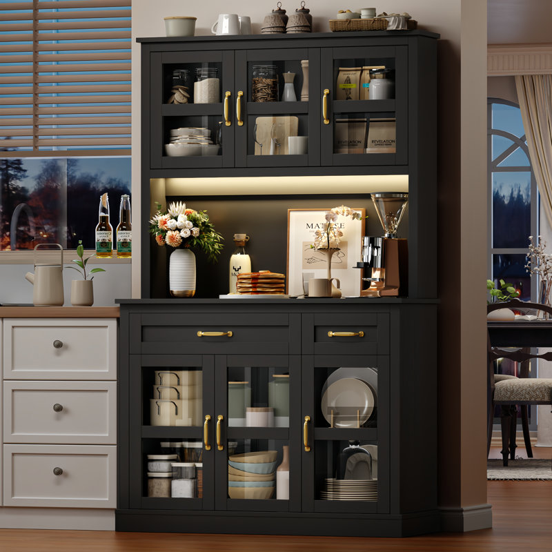 ON SALE 71''H LED Pantry with Charging Station, Microwave Stand and Adjustable Shelves, Black
