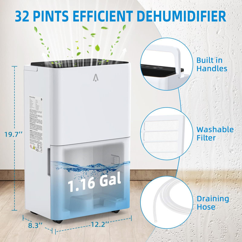 Déshumidificateur portatif 32 pintes pour sous-sol 3 000 pieds carrés