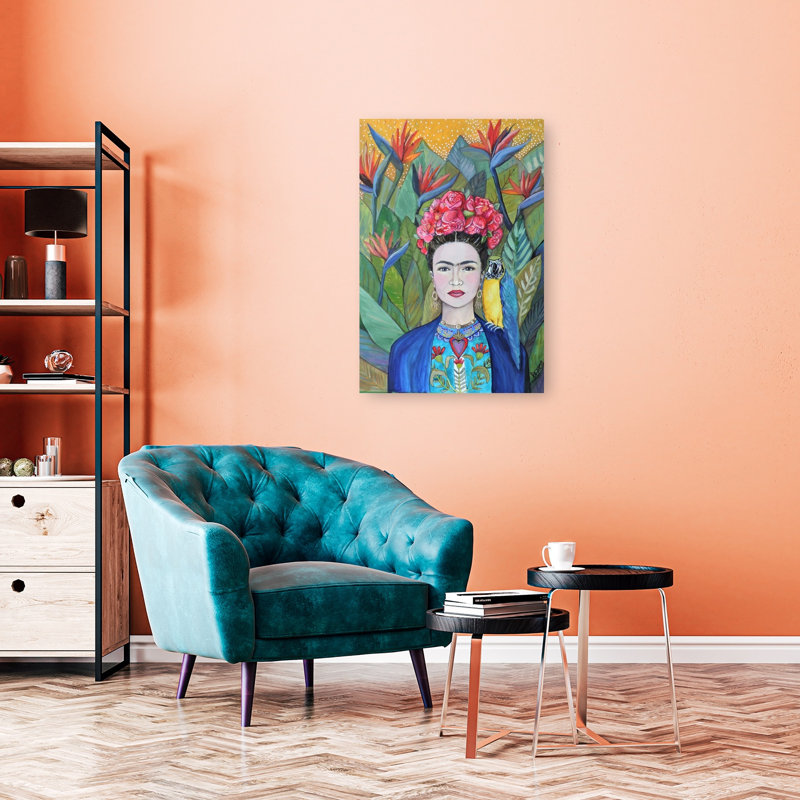 Woman With Parrot And Flowers Contemporary Bird Flower Portrait Wall Art Print by Sylvie Demers - Wrapped Canvas Print
