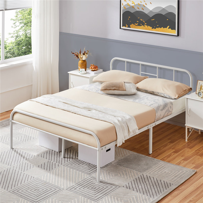 Metal-Framed Bed with High Headboard, White, Double (4'6)