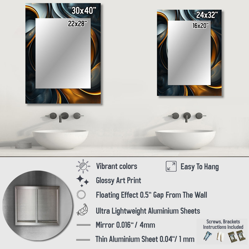 Swirl Abstract In Gold And Black Tones I - Abstract Painting Decorative Wall Mirror, Modern Mirror, Printed Metal Art