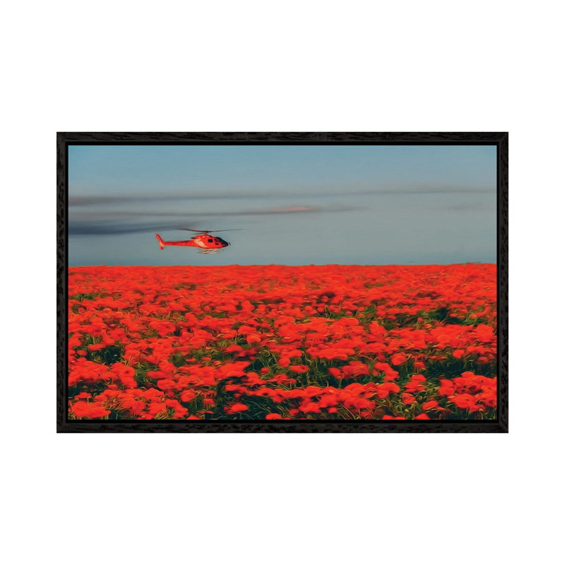 A Red Helicopter Flies Over A Poppy Field In Bloom 1 Piece Wall Art on Canvas, 66.04 cm H x 45.72 cm W, Black Floater Framed