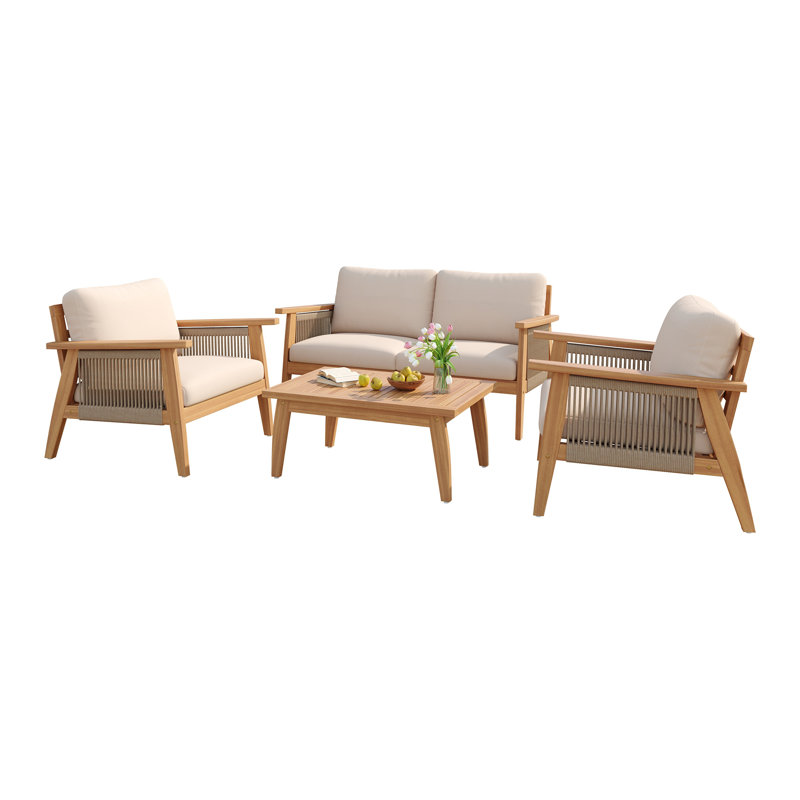 Ensemble de conversation modulaire d'extérieur 4 pièces en bois d'acacia et corde