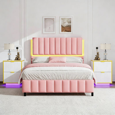 LED Upholstered Platform Bed With 2 Modern LED Nightstands – 3-Piece Bedroom Set