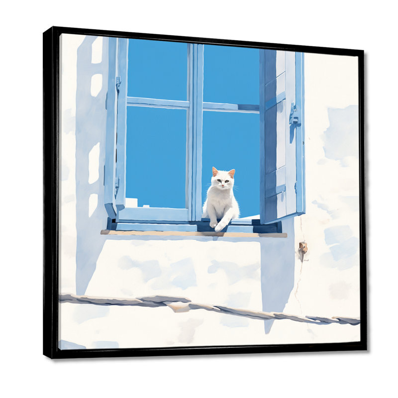 Chat blanc assis à la fenêtre, ciel bleu, Grèce, art mural, H 30 po x l 30 po x P 1 po, Toile avec cadre noir