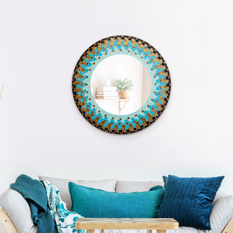 Onaway Mosaic Mirror, Wall Art Décor – Handcrafted Decorative Wall Mirror, Aqua, Turquoise, Gold, Brown, and Black Glass Mosaic Mirror, 24” Frame, 14" Round Mirror for Hallway, Bedroom, Bathroom