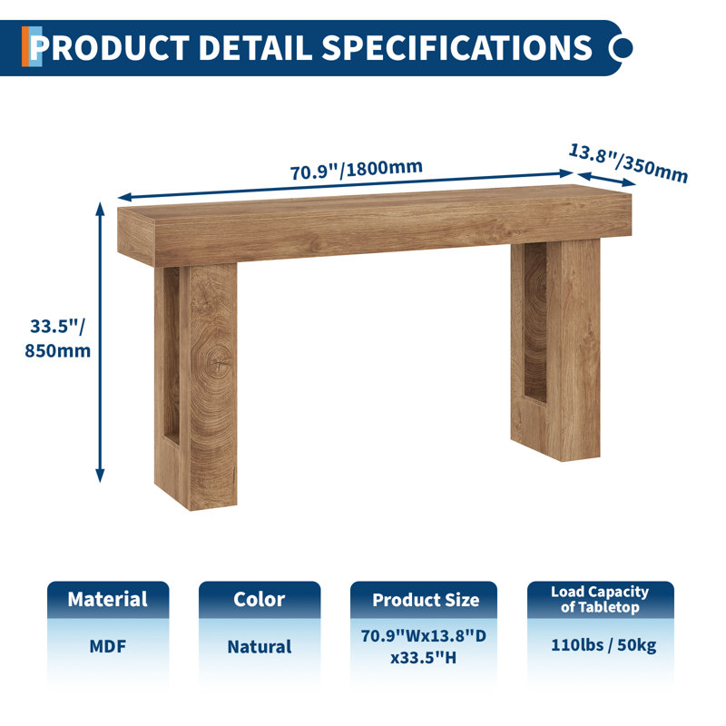 160 cm Long Farmhouse Console Table in Natural Wood for Living Rooms and Entryways