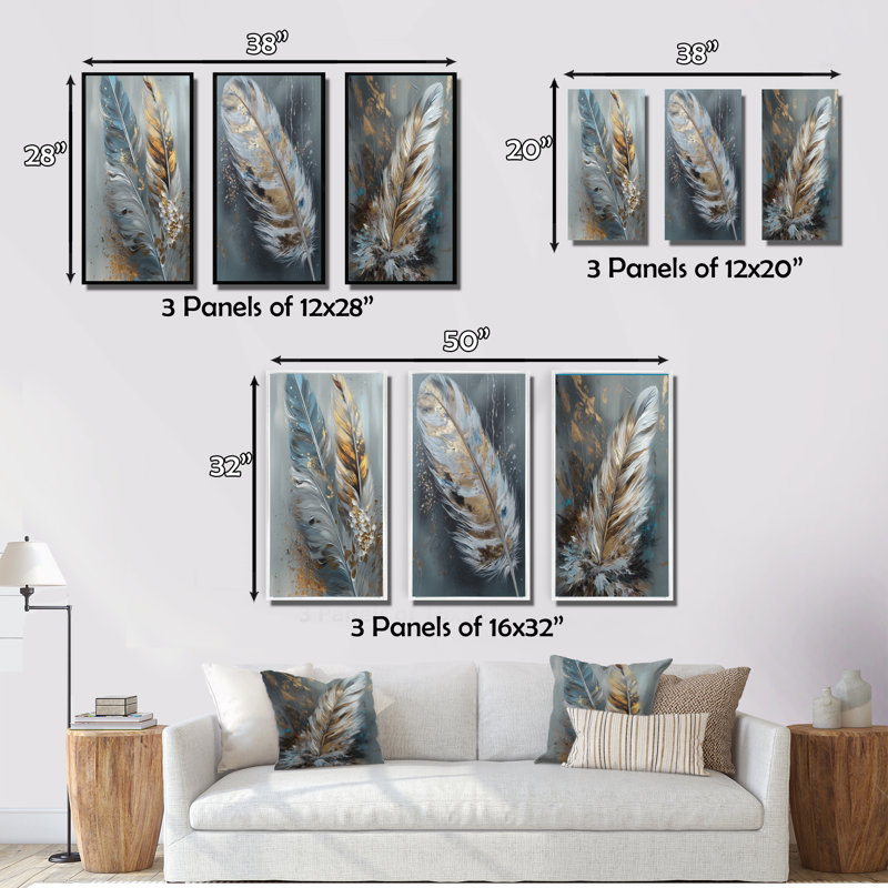 3 pièces sur toile - plumes d'or Wanderlust, H 40 po x l 60 po, Cadre flottant noir