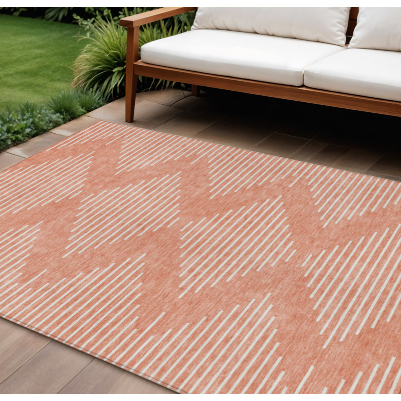 Tapis intérieur / extérieur lavable géométrique 10 pi x 14 pi saumon et ivoire