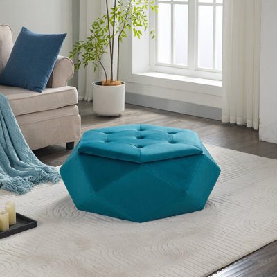 Rangement en velours bleu diamant Polygon, assise et repose-pieds confortables, 34 pouces de long, 30,5 de large, 13,5 de haut, idéal pour le rangement multifonctionnel de décoration intérieure, L 34 po x l 30,5 po H 13,5 po, dortoir approprié
