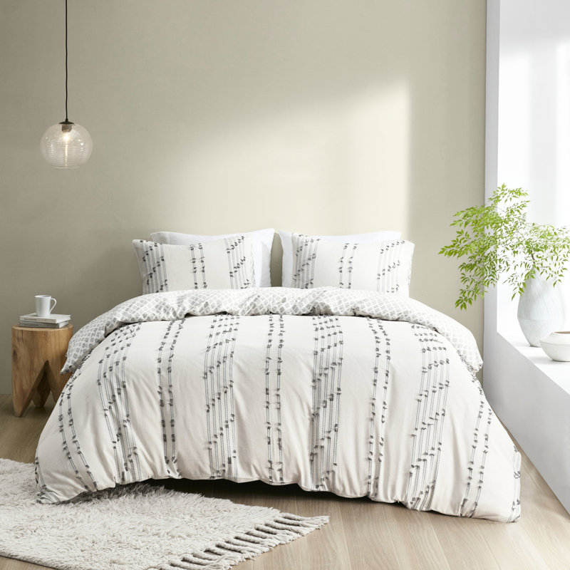 Housse de couette 100% coton double / grand - avec détails gris, fermeture à boutons, attaches intérieures, lavable, rayures approuvées, impression inversée, 2 taies décoratives assorties, -