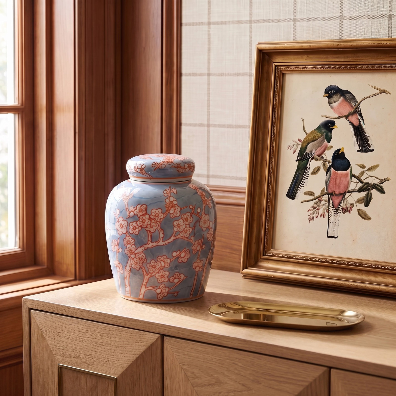 Chadwicks Decorative Chrysanthemum Ceramic Ginger Jar with Lid, Blue, 4.2" H x 12" W x 9.25" D