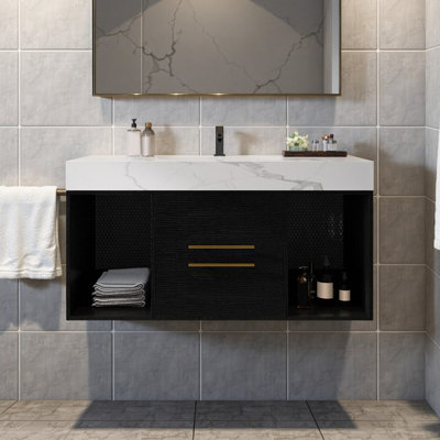 Meuble-lavabo flottant de 39,4 po avec lavabo en céramique et rangement moderne | Conception murale épurée pour un luxe peu encombrant