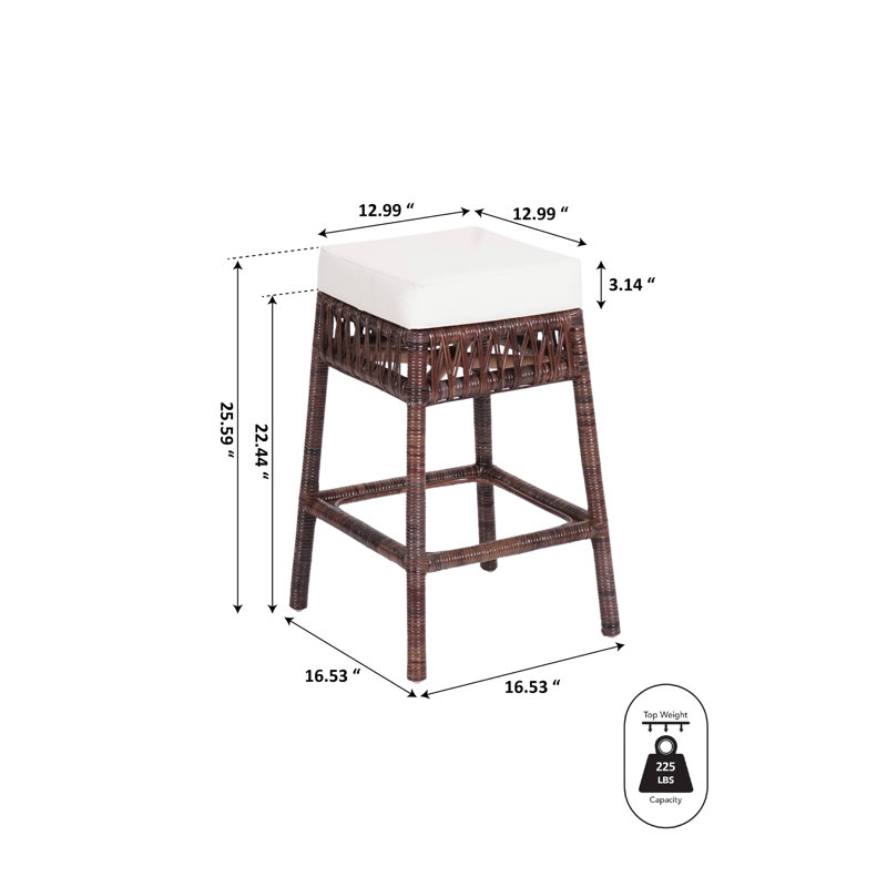 Tabouret de comptoir en rotin tissé brun foncé de 25,6 po Bali avec coussin carré en mousse blanche et repose-pieds pour îlot de cuisine ou bar personnel Bali