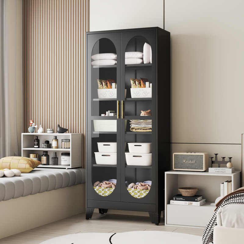 Modern Tall Bathroom Storage Cabinet with Glass Doors and 4 Adjustable Shelves for Kitching and Dining Room, Black