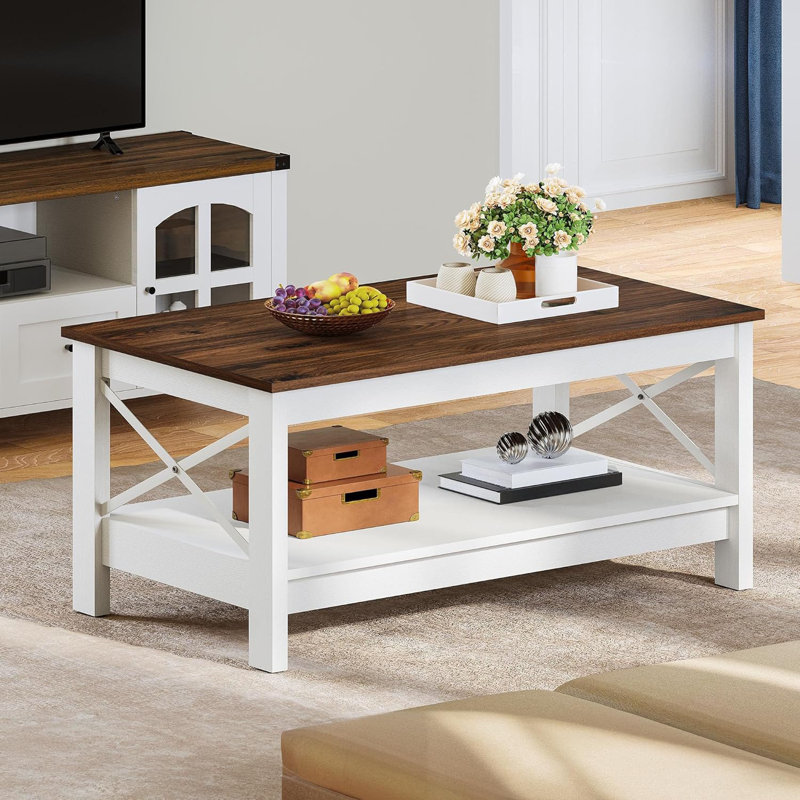 Coffee Table With Storage, 2-Tier Wood Centre Table With Sturdy Frame, Brown