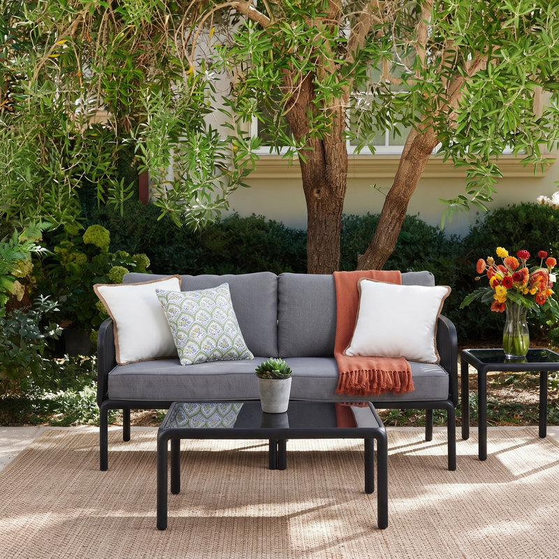 Bates Outdoor Conversation Set With Cushions, Dark Gray/Black, Table, Loveseat