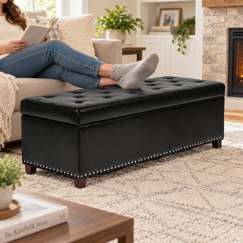 Pouf de rangement en similicuir noir de 119 cm pour chambre et salon