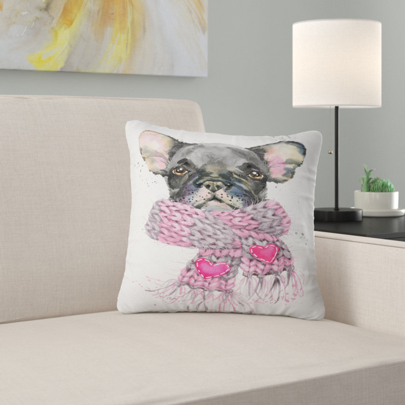 Mignon chiot avec un châle rose - coussin imprimé animal, 16 po x 1 po, Coussin décoratif