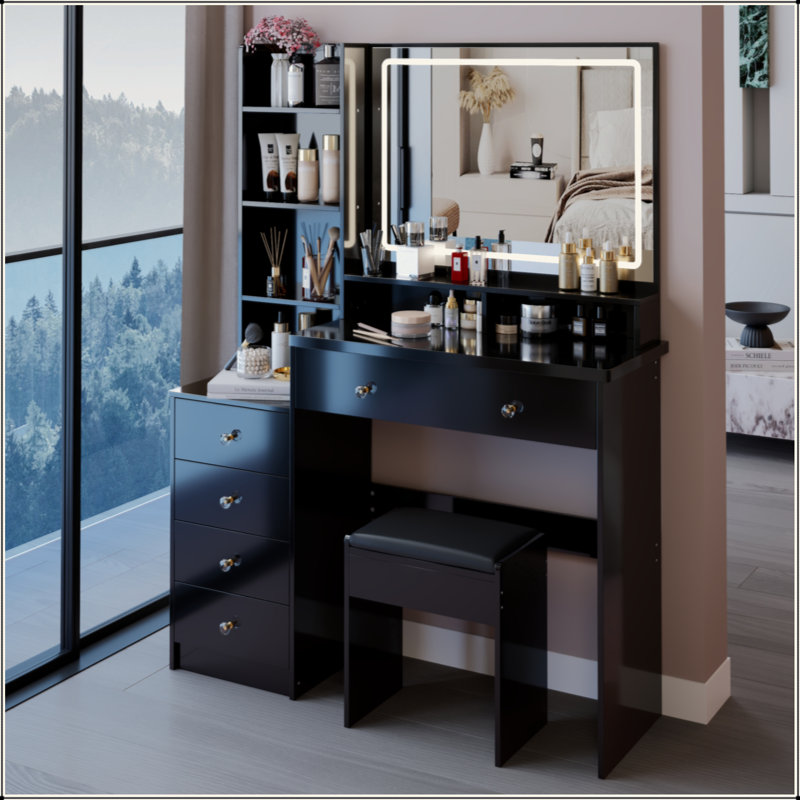41" Large Size Left Bedside Cabinet Vanity Table+Cushioned Stool, Extra Large Touch Control LED Mirror, 3-Color Switch, Multi Layer High Capacity Storage Fashionable Dresser, Suitable For Large Space