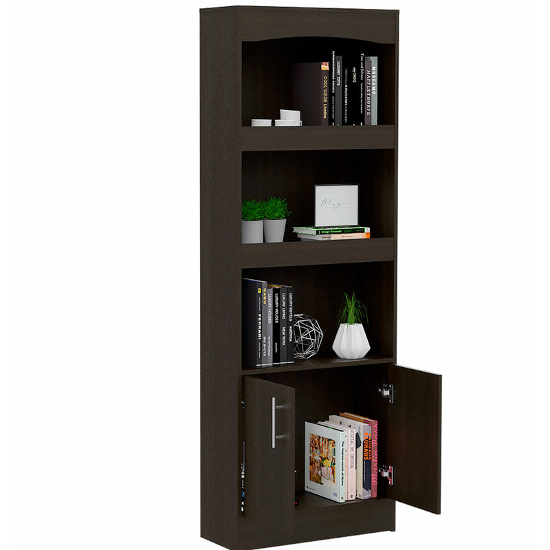 Bookcase, Three Shelves, Double Door Cabinet, Metal Hardware, Black