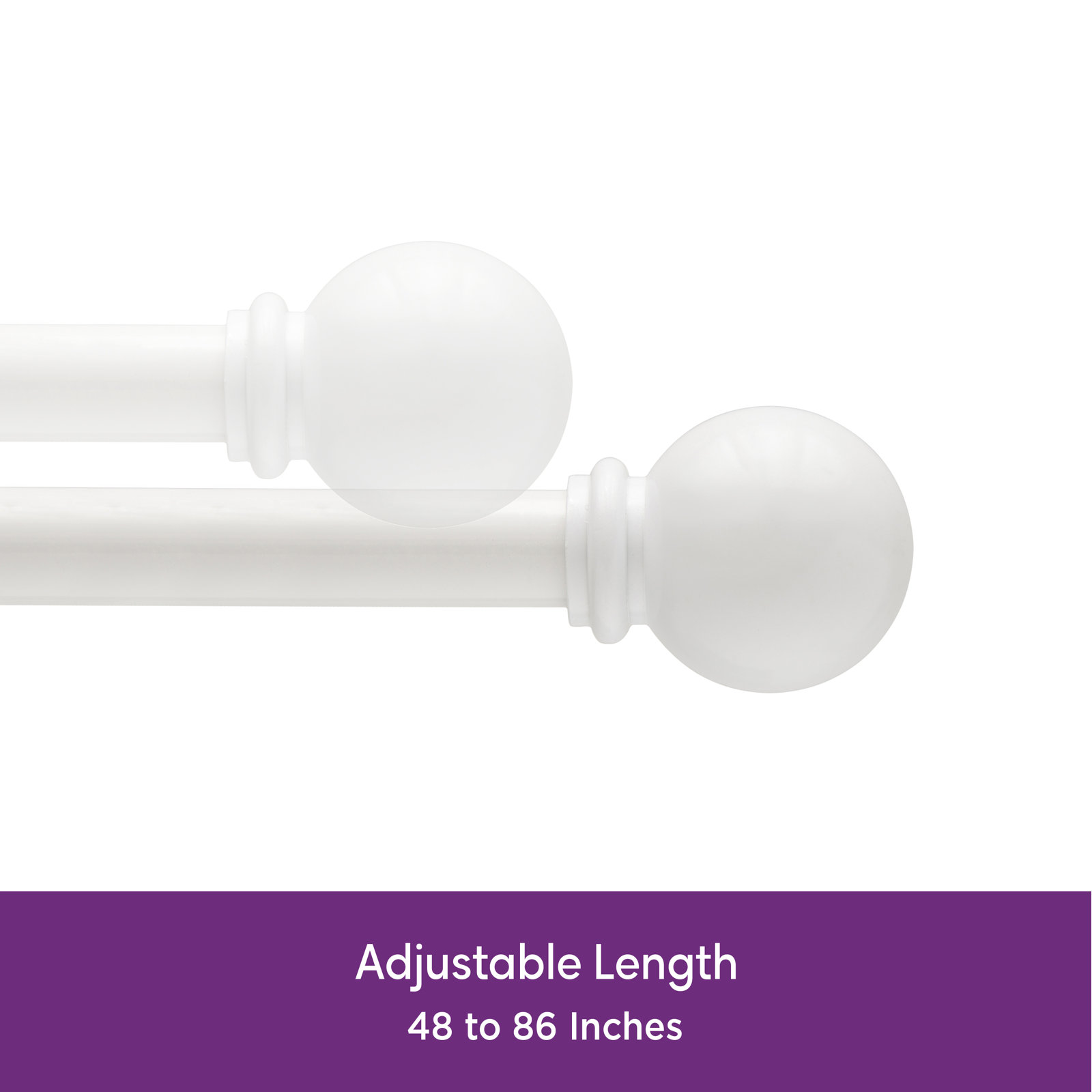 Camptown Ball End Single Curtain Rod, 48" - 86" , White