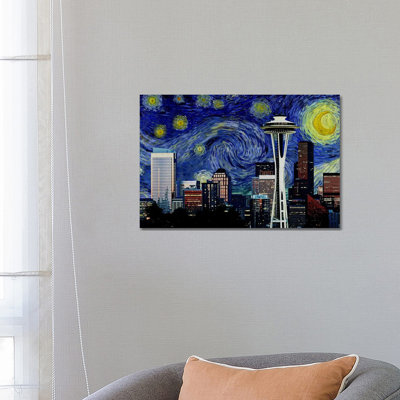 Seattle, Washington Starry Night Skyline 1 Piece Wrapped Canvas Painting