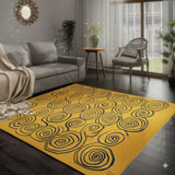 Yellow Handwoven Wool Golden Swirls Geometric Modern Contemporary Carpet Rug