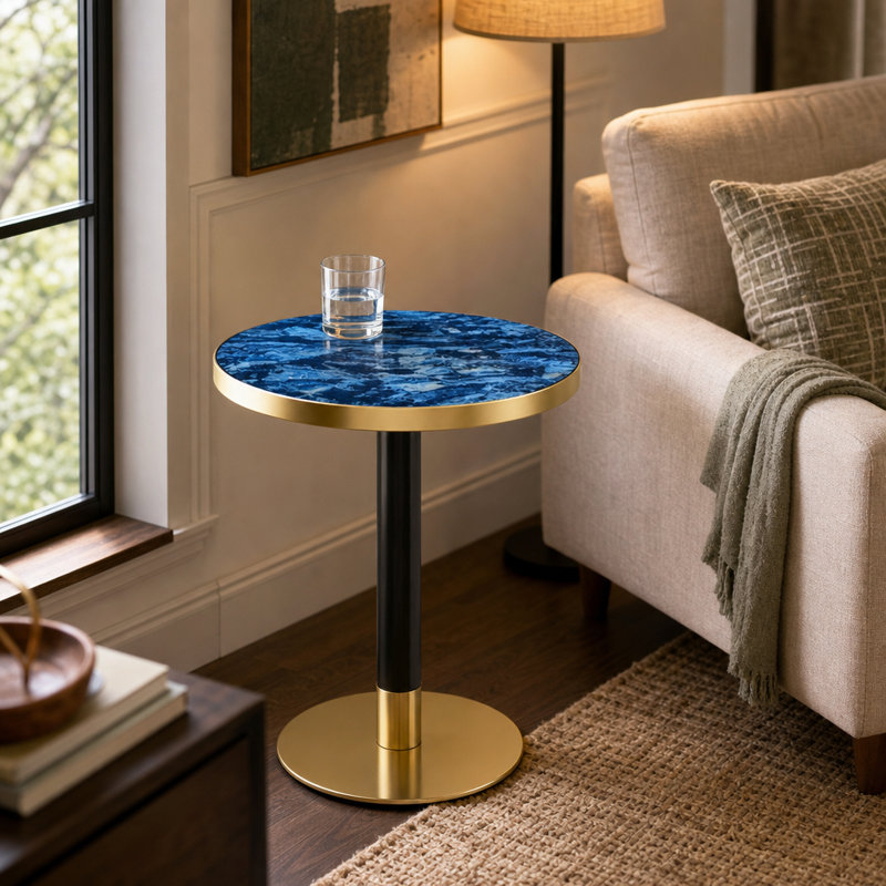 Table bistro 23,6 pouces Mid-Century ronde, table d'appoint en fausse pierre bleu émeraude avec base en métal noir et doré