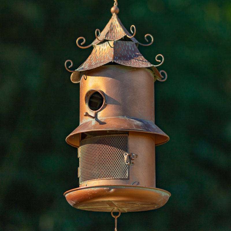 43" Long Hanging Iron Birdhouse & Feeder with Wind Chimes "Haven"