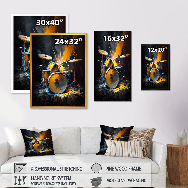 Drums On Stage I - musique sur toile, H 40 po x l 30 po x P 1,5 po, Toile avec cadre flottant or