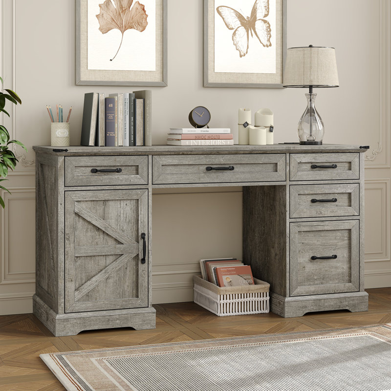 Deanjelo 57" Farmhouse Computer Desk with Outlet and 5 Drawers&Filing Cabinet,Large Storage Cabinet for Home Office, Gray