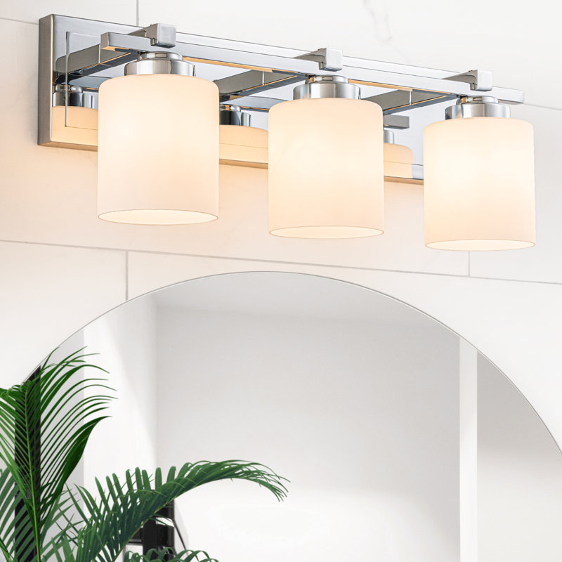 Luminaire de salle de bain moderne 3 lumières au-dessus du miroir, lumières de meuble-lavabo chromées, abat-jour en verre blanc laiteux, douille E26 (ampoules non incluses)