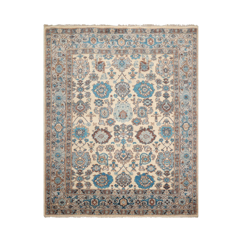 Tapis oriental en laine beige Oushak LoomBloom noué à la main style artisanat / style mission, Carré de 12 pi