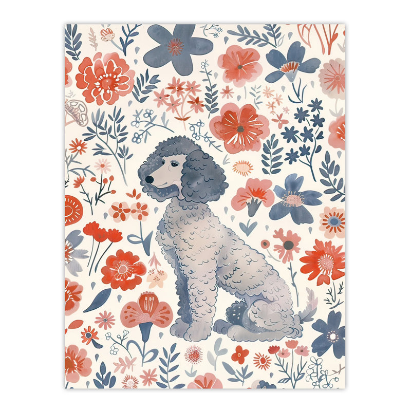 Dog Lover Poodle With Pink Flower Pattern Wall Art Print