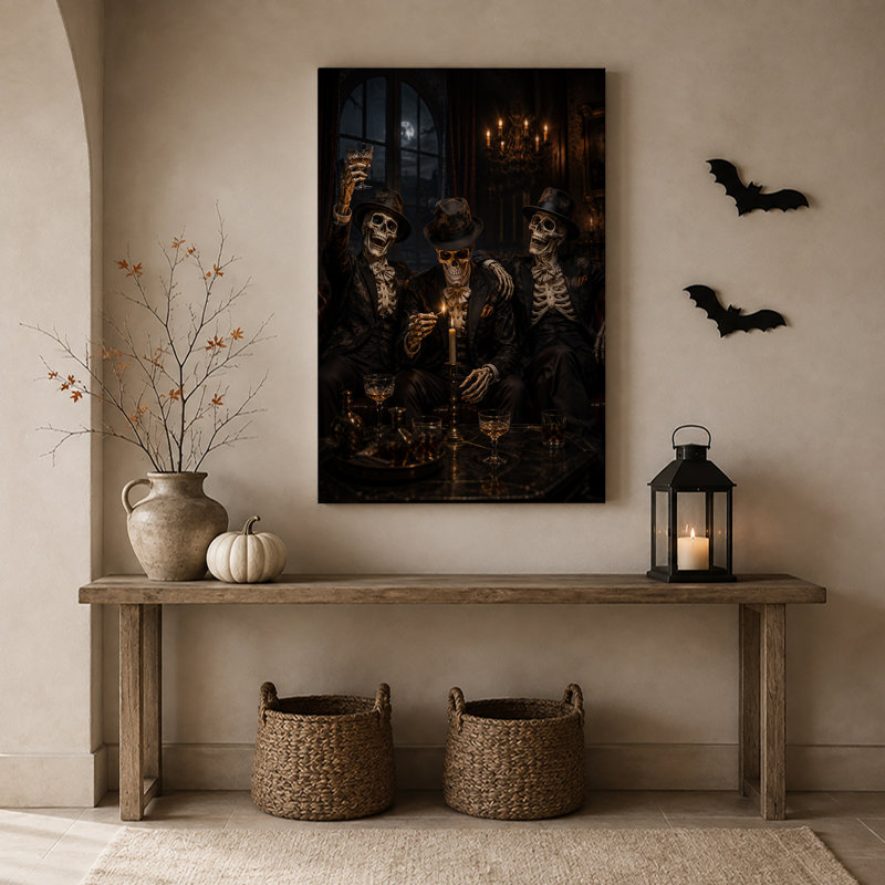 «Three Skeleton Gentlemen Lighting Candle» par Halloween, art mural sur toile, H 30 po x l 20 po