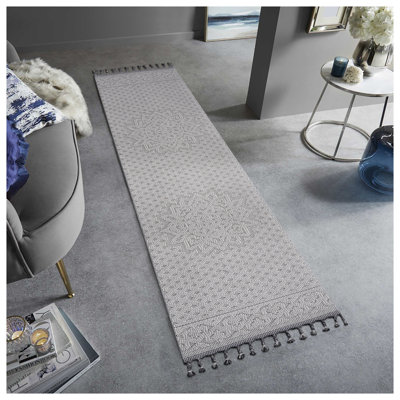 Tapis blanc intérieur / extérieur 6 x 9 Guros Collection - motif de médaillon résistant aux taches