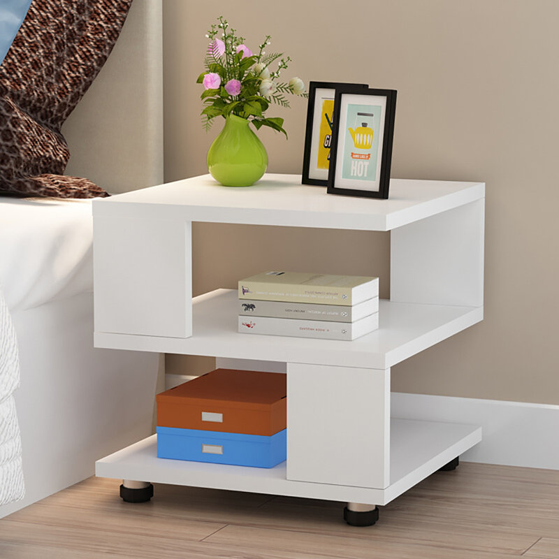 3-Tier Cubic Open Nightstand, Manufactured Wood Asymmetrical Side End Table with Anti-Scratch Floor Pads, Natural Wood Grain Bedside Storage Table for Small Bedrooms, White