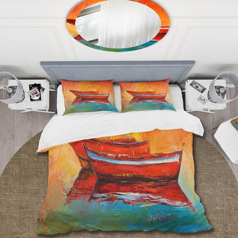 Deux bateaux rouges pendant la soirée - ensemble de housse de couette nautique et côtier - polyester microfibre