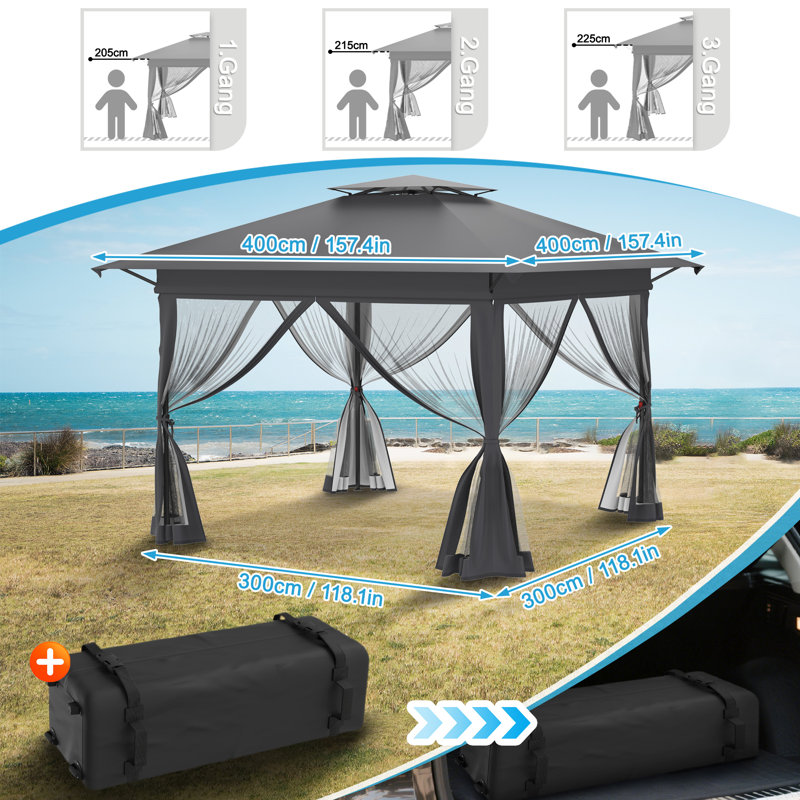Pop Up Gazebo, 4 x 4 m Folding Garden Gazebo with Double Roof and Mesh Netting Mosquito and UV Protection Height Adjustable, Sturdy Garden Tent with Carry Bag