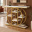 Console moderne et glamour de forme circulaire avec structure en métal et étagère ouverte, idéale pour l'entrée et le salon.-1753859844