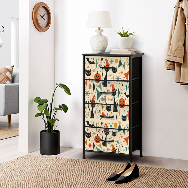 Commode à 4 tiroirs pour chambre à coucher, motif chat-lanterne d'Halloween, style moderne du milieu du siècle, forme étroite, plateau en bois et structure robuste en fer, 45,7 cm (L) x 95,2 cm (H)