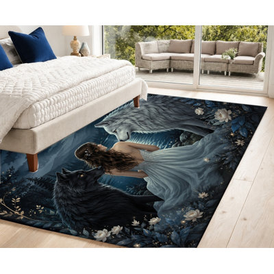 Tapis artistique Fantasy Wolf Forest Moon Night, motif de couple de créatures mystiques, antidérapant, idéal pour le salon, la chambre, le dortoir ou un appartement.