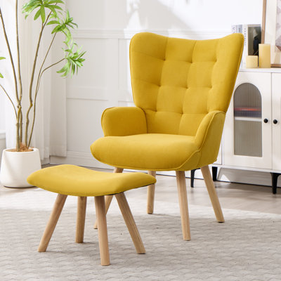 Boucle Accent Chair with Footstool, Upholstered Armchair Set with Wooden Legs, Cosy Reading Chair